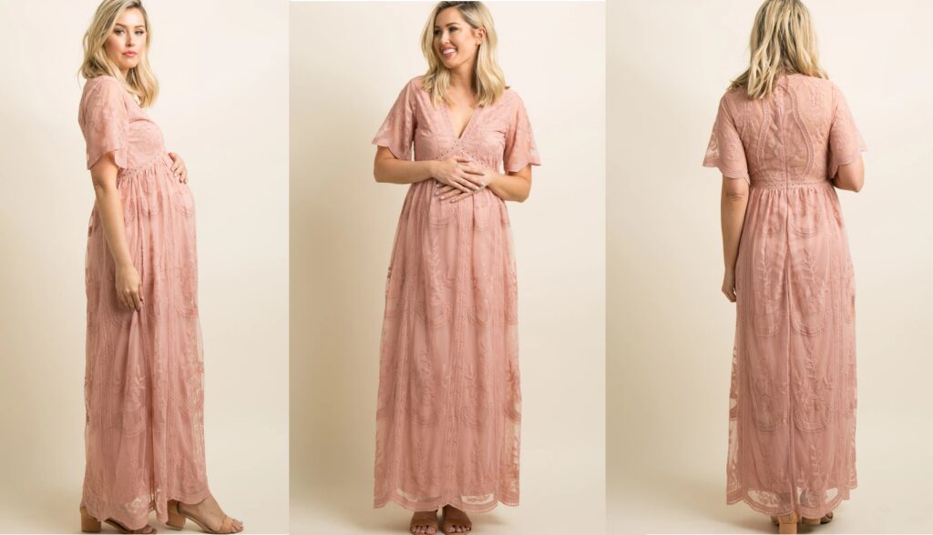 Light Pink Lace Mesh Overlay Maternity Maxi Dress